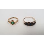 Gold and green stone ring with circular collet-set stone in openwork lozenge setting and a 9ct gold,