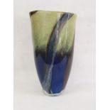 Large Art glass vase with blue and green colourway and brown swirls, possibly American, indistinctly