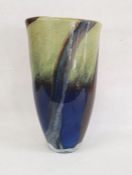 Large Art glass vase with blue and green colourway and brown swirls, possibly American, indistinctly