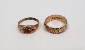 9ct gold wedding band, flowerhead engraved, 4g approx. and a 9ct gold ring set white stones in
