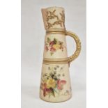 Edwardian Worcester blush porcelain jug, tapered with gilt prunus decoration and branch handle,