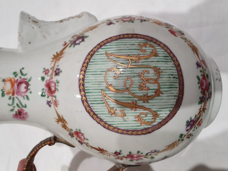 Chinese export porcelain covered jug of baluster shape with shell spout, all painted in famille rose - Image 17 of 42