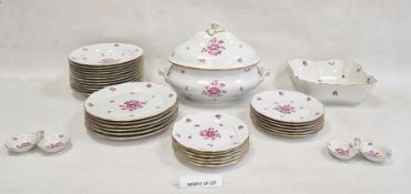Herend porcelain dinner service mainly for six, all decorated with pink floral sprays, osier border,