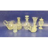 Two Victorian clear glass decanters and assorted cut glass items (7)