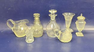 Two Victorian clear glass decanters and assorted cut glass items (7)