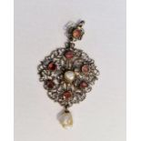 Antique silver and gold-coloured metal, garnet and pearl pendant, pierced filigree set with seven