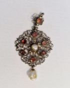 Antique silver and gold-coloured metal, garnet and pearl pendant, pierced filigree set with seven