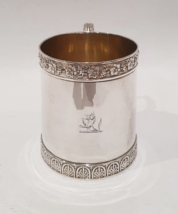 Georgian silver mug with grape and vine band decoration to the rim, acanthus handle, crested body, - Image 2 of 6