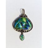 Art Nouveau silver-coloured metal and enamel pendant, inverted heart-shaped with dropper, green