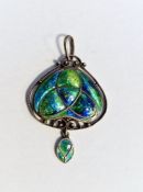 Art Nouveau silver-coloured metal and enamel pendant, inverted heart-shaped with dropper, green