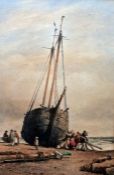 19th century English school Watercolour  Study of beached fishing vessel, initialled 'IT' and