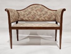 20th century mahogany and satinwood strung narrow sofa in foliate upholstery, on tapering supports