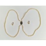 Double string of cultured pearls on silver clasp and a pair 9ct gold and pearl screw-pattern stud