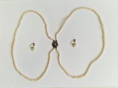 Double string of cultured pearls on silver clasp and a pair 9ct gold and pearl screw-pattern stud