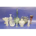 20th century clear glass cluck-cluck decanter with etched floral decoration, a Murano-style green