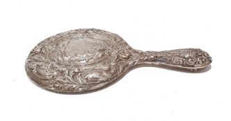 Edward VII silver-backed dressing table mirror with embossed scrolling floral decoration, possibly