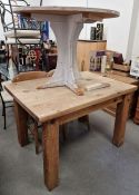 20th century pine rectangular table on chunky legs and a circular painted pine table (2)