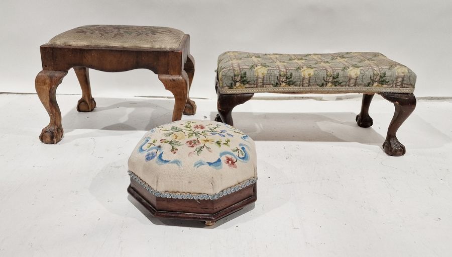 20th century needlework-topped stool on cabriole supports terminating claw and ball feet and two