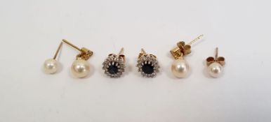 Pair 9ct gold, pearl and diamond drop earrings, each set trefoil of tiny diamonds above single pearl