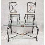 20th century dining table with glass top, on iron base and six matching chairs (7)