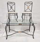 20th century dining table with glass top, on iron base and six matching chairs (7)