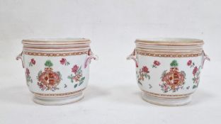 Pair 19th century Samson porcelain cache pot in the Chinese armorial style, pink floral decorated