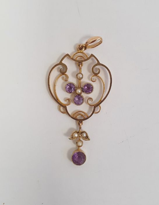 9ct gold, amethyst and seedpearl pendant, open scroll pattern with amethyst trefoil and single drops