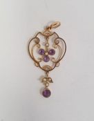 9ct gold, amethyst and seedpearl pendant, open scroll pattern with amethyst trefoil and single drops