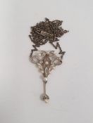 Edwardian/1920's cultured pearl and diamond filigree pendant, kite-shaped with openwork lozenge,