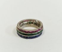 Three white metal eternity-style rings set with sapphire, ruby and emerald (worn, in poor