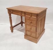 20th century pine desk with assorted drawers, on plinth base, 95cm x 79cm