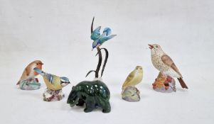 Albany Worcester-style bronze and porcelain kingfisher on leaf, four other bird models and green