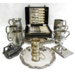 Electroplated and other wares to include tray and waiter, tankards, etc (1 box)