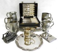Electroplated and other wares to include tray and waiter, tankards, etc (1 box)