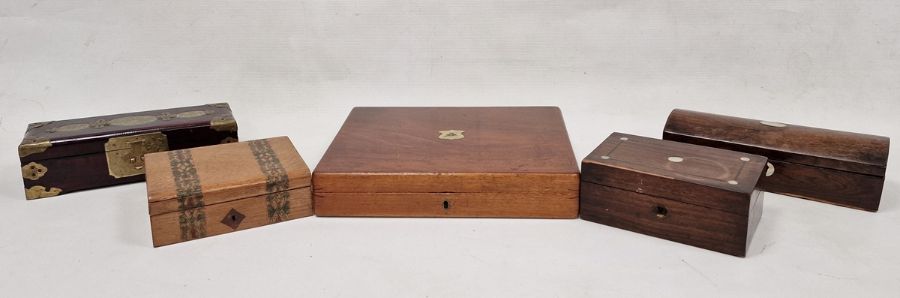 Collection of five wooden boxes, one with hinged lid, copper edge, detailed corners and jade