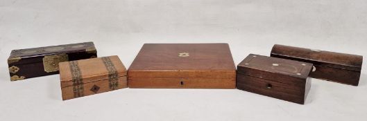 Collection of five wooden boxes, one with hinged lid, copper edge, detailed corners and jade