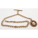 9ct rose gold curb-link albert chain with T-bar and enamelled silver billiard fob, the chain 28g