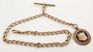 9ct rose gold curb-link albert chain with T-bar and enamelled silver billiard fob, the chain 28g