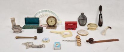 Retro fan, shoe horns, a British Rototherm centigrade fahrenheit reader on a gold face in