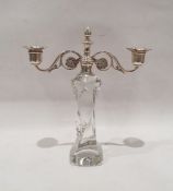 Aesthetic Movement two-branch candelabrum with scrolling silver branches, on a glass spirally