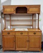 20th century oak and yew banded Arts & Crafts-style dresser, the top with two cupboard doors and