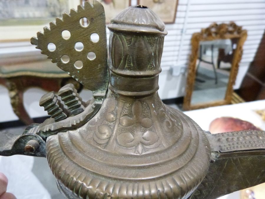 Four 19th century or later, Yemeni/Islamic copper Dallah coffee pots, one with dotted brass decorati - Image 10 of 18