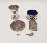 Silver egg cup (some damage), an Eastern silver vesta box and an Eastern silver filigree pin tray,