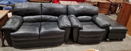 Modern black leather two-seater sofa, single armchair and two pouffes (4)