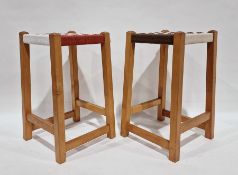 Two modern beech-framed string-seated stools (2)