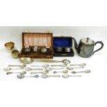 Electroplated ware to include two napkin rings (in case), two spoons, teapot, etc (1 box)