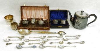 Electroplated ware to include two napkin rings (in case), two spoons, teapot, etc (1 box)