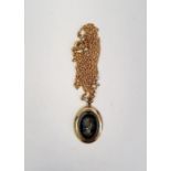 Gold-coloured metal and seedpearl chain with intaglio modern pendant, 4g approx., the chain with