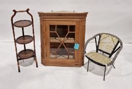 20th century pine wall-hanging corner display cabinet with moulded cornice and astragal-glazed