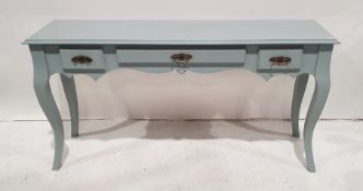 20th century blue painted hall table, the rectangular top with moulded edge above three drawers,